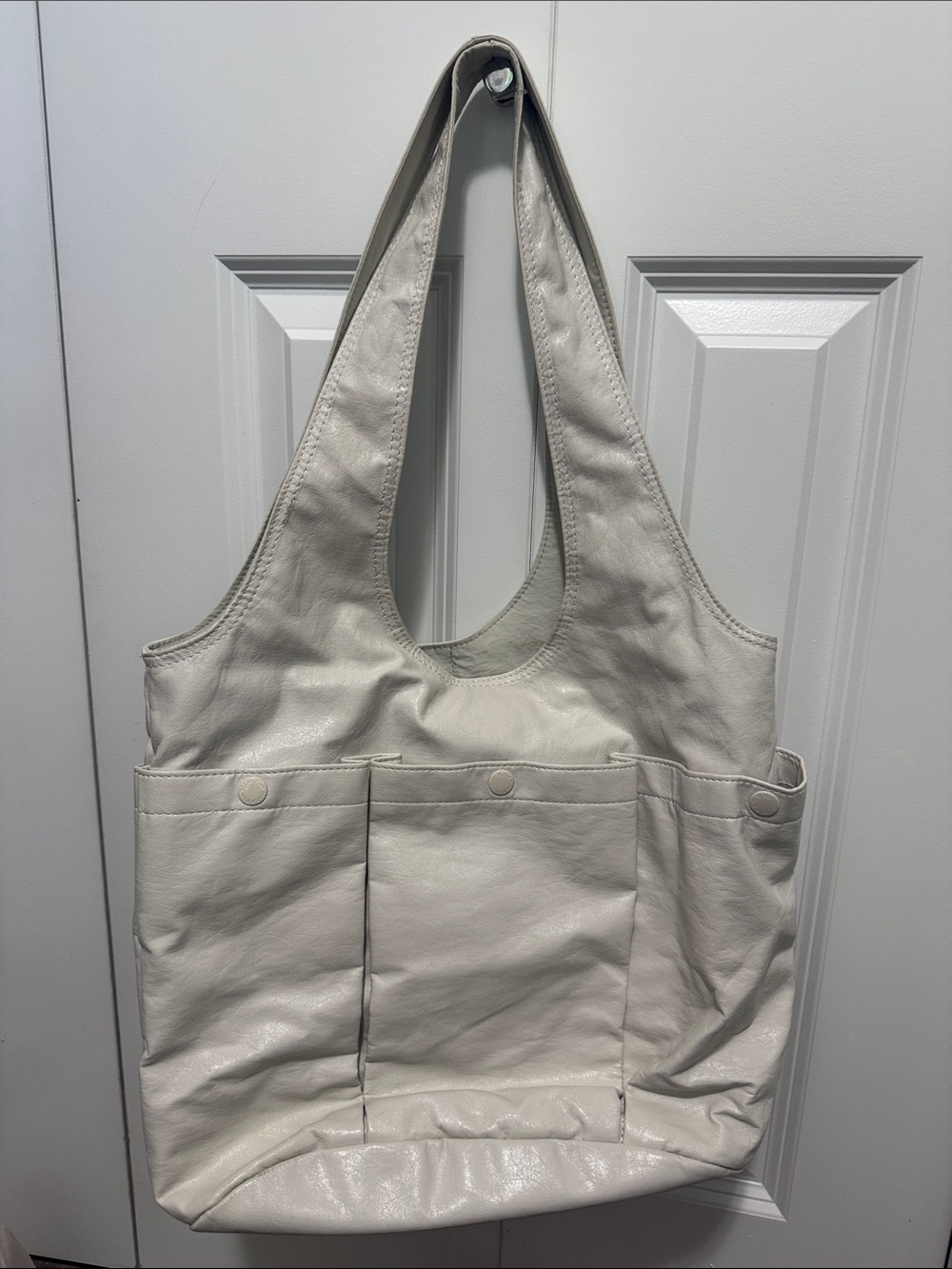 Korean Fashion Designer Brand-Cream Leather Everyday Tote with Patch Pockets